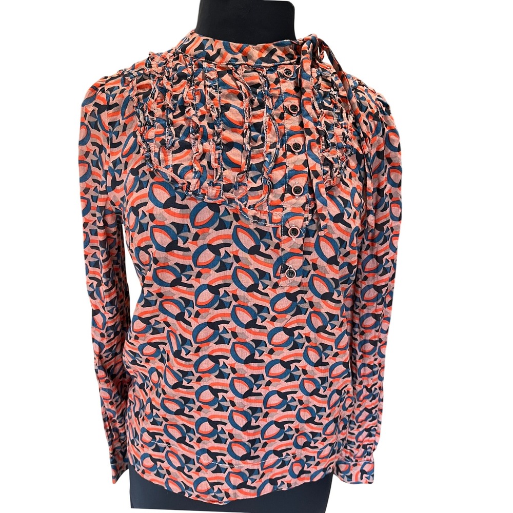 Comme Toi Women Geometric Print Ruffle Bib Blouse Orange Navy Blue Small
